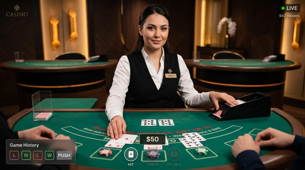 Crupier gestionando una ronda de blackjack en transmisión en vivo